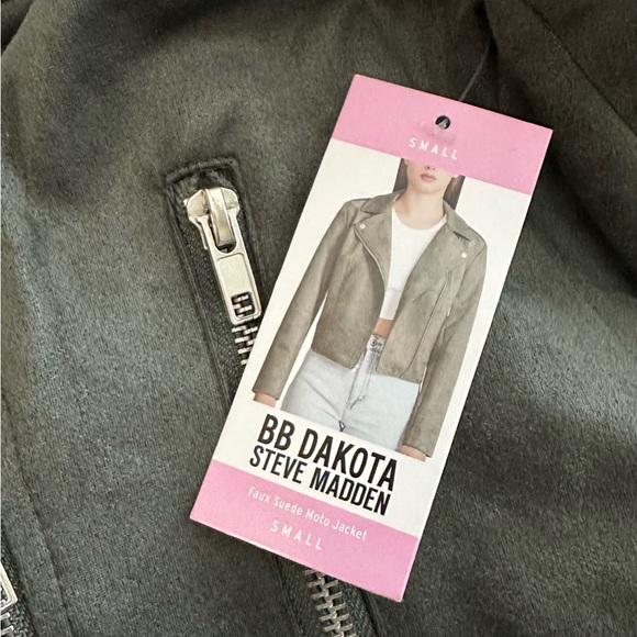 BB Dakota by Steve Madden Army Green Faux Vegan Suede Moto Jacket Size S - Picture 9 of 12